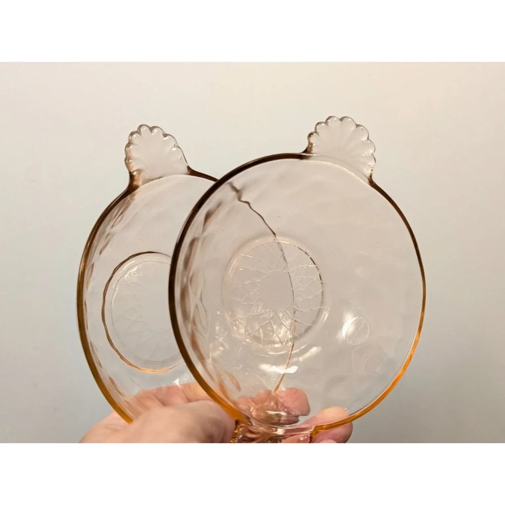 Anchor Hocking Pink Depression Glass Diamond Optic Handled Dessert Bowls Pair